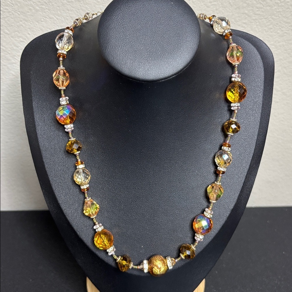 Venetian Glass Aurora Borealis Elegant Beaded Necklace Gold Brown Accents